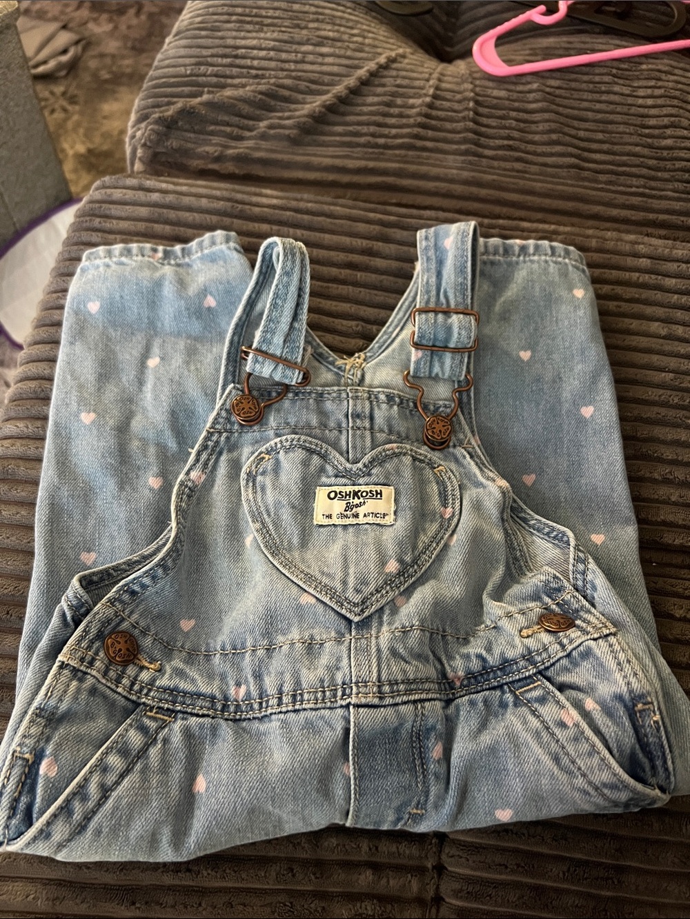 OshKosh B'gosh Light Blue Denim Heart Overalls with Pink Heart Print
